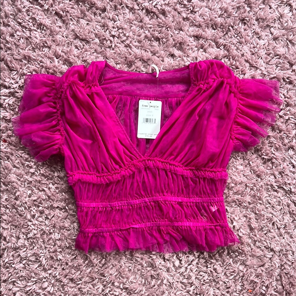 Free People Fuchsia Pink Sheer Ruffled Blouse